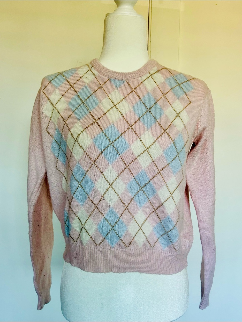 Brandy Melville Pink Argyle Knit Sweater with Blue & Cream Accents